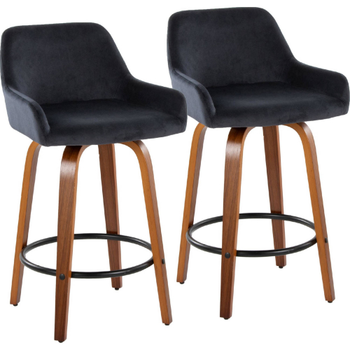 Daniella 26" Swivel Counter Stool in Walnut Wood & Black Velvet w/ Black Footrest (Set of 2)